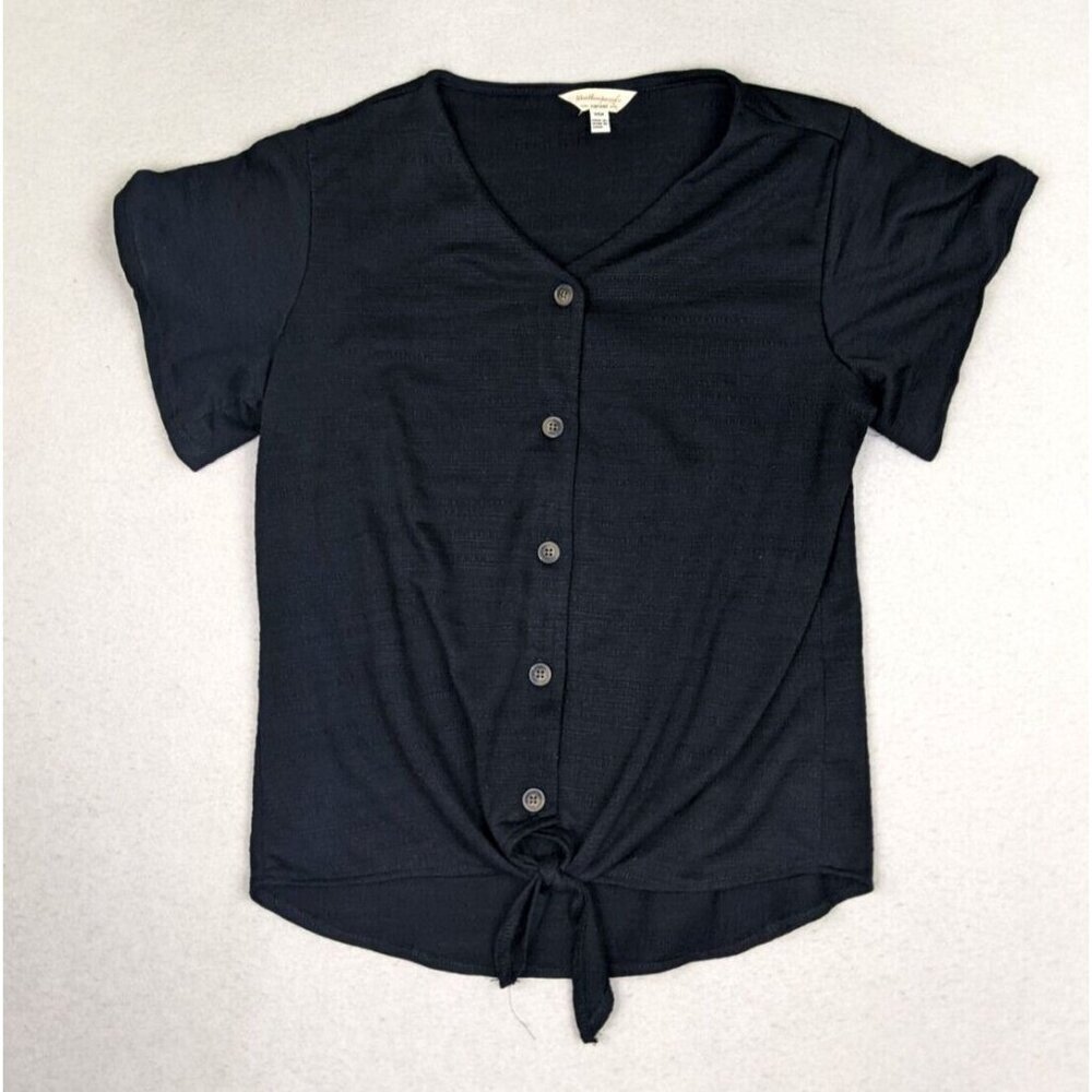 WEATHERPROOF VINTAGE - WOMEN'S BLACK SHORT SLEEVE STRETCH KNIT TIE HEM TOP - S